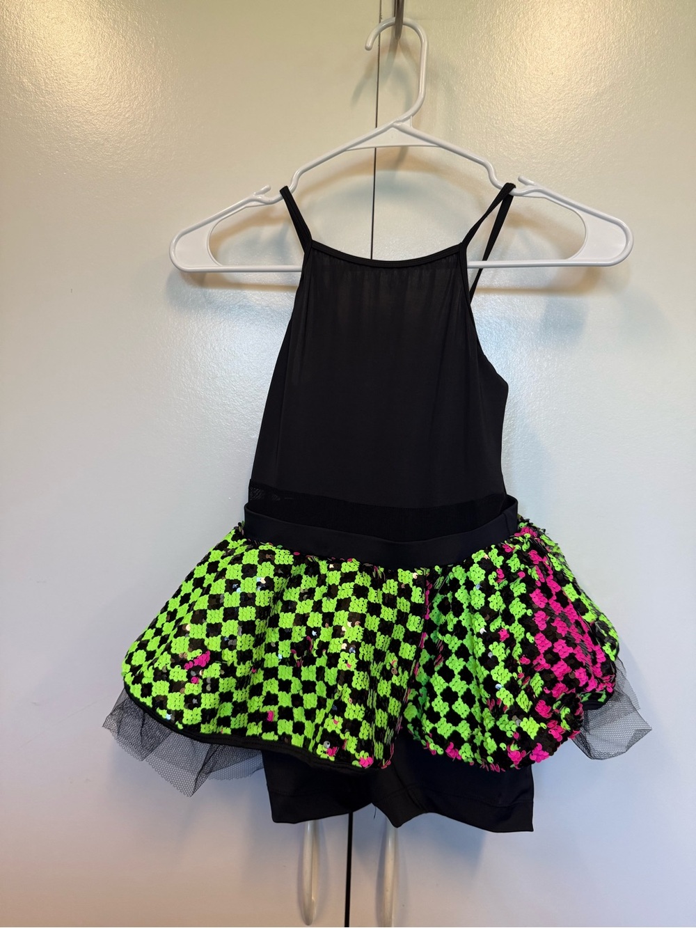 Revolution Kids dance Costume Dress with Neon Checkered Skirt - Halloween 80s